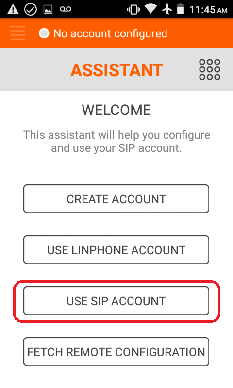 usa la cuenta sip para configurar tu cuenta en linphone